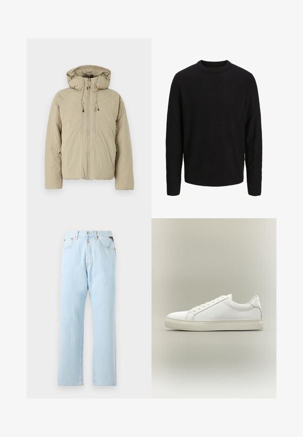 Beige pufferjakke med hætte, udstyret med en frontlynlås, elastiske snore og sidelommer. Konstrueret af letvægts, struktureret stof.; Sort langærmet strikket sweater med rund halsudskæring, ribstrikkede manchetter og kant, vist på en ensartet lys grå baggrund.; Lyseblå denimjeans med lige ben. Har en knap- og dyse-lukning, fem lommer og kontraststing.; Hvid lavtop sneaker med snørebånd foran og tyk sål, vist fra siden mod en neutral baggrund.