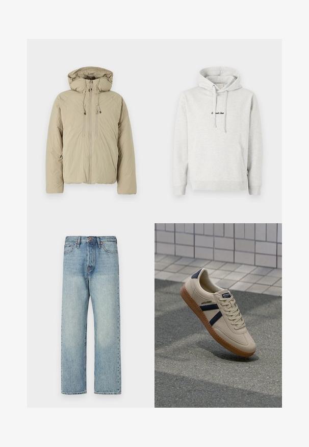 Beige Steppjacke mit Kapuze, ausgestattet mit einem Frontreißverschluss, elastischen Kordeln und Seitentaschen. Hergestellt aus leichtem, strukturiertem Stoff.; Hellgrauer Hoodie mit Kängurutasche, Kapuze mit Kordelzug und schwarzen gestickten Text auf der Vorderseite. Mischgewebe aus Baumwolle, gerippte Bündchen.; Hellblaue Jeans aus Denim mit geradem Bein, fünf Taschen und bronzener Hardware. Minimale Ausbleichungen mit einem sauberen Finish.; Beige Sneaker mit strukturierter Oberfläche, dunkelblauen Streifen und Gummisohle. Verfügt über eine gepolsterte Zunge und ein traditionelles Schnürsystem für einen sicheren Sitz.