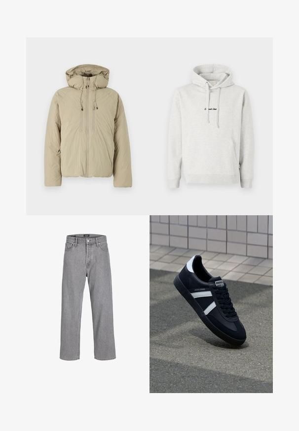 Beige donsjack met een capuchon, voorzien van een voorrits, elastische trekkoorden en zijzakken. Gemaakt van lichtgewicht, gestructureerde stof.; Lichtgrijze hoodie met een kangoeroezak, een capuchon met trekkoord en geborduurde tekst in het zwart aan de voorkant. Gemaakt van een katoenblend, met ribgebreide manchetten.; Grijze denim broek met een ontspannen, losse pasvorm. Beschikt over een traditionele vijf-pocket ontwerp en een knoopsluiting bij de tailleband.; Zwarte leren sneaker met witte strepen, een gestructureerde rubberen zool en vetersluiting aan de voorkant. Voorzien van een merklabel op de tong.