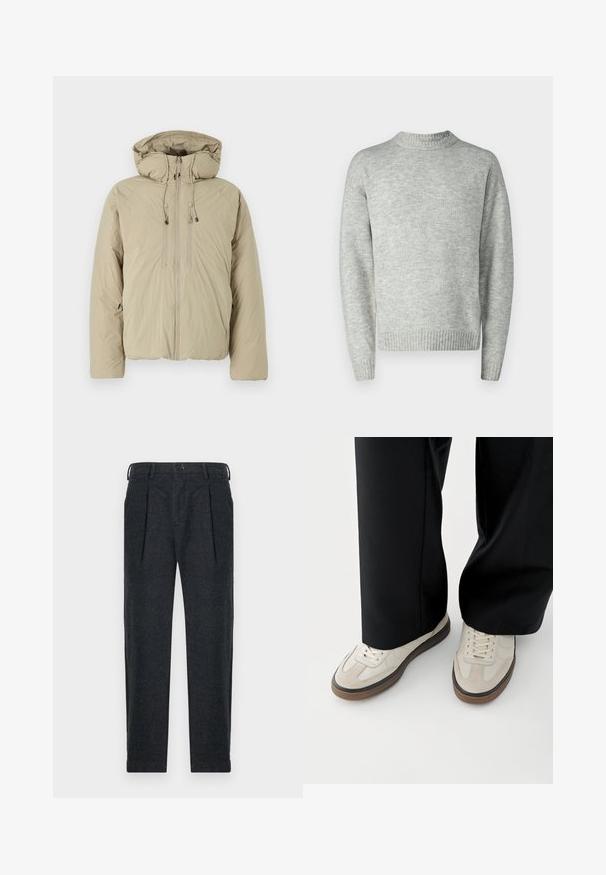 Beige donsjack met een capuchon, voorzien van een voorrits, elastische trekkoorden en zijzakken. Gemaakt van lichtgewicht, gestructureerde stof.; Lichtgrijze pullover trui, gebreide textuur, ronde hals, lange mouwen, geribde zoom en manchetten, ontspannen pasvorm, minimalistisch ontwerp.; Grijze wolmix broek met twee voorplooien, riemlusjes, zijzakken en een knoopsluiting. Rechtdoorgaand ontwerp met een zachte textuur.; Voeten met beige sneakers met bruine zolen en zwarte wijde broekspijpen op een witte achtergrond.