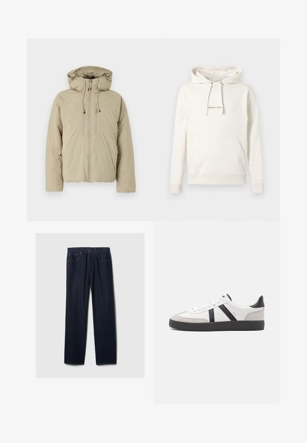Beige pufferjakke med hætte, udstyret med en frontlynlås, elastiske snore og sidelommer. Konstrueret af letvægts, struktureret stof.; Beige hoodie lavet af bomuld, med en kængurulomme, snoretræk i hætten og broderet "Originals" tekst på brystet.; Mørkeblå lige ben denim jeans med fem lommer, knaplukning og synlig syning på en ensfarvet lys baggrund.; Hvide sneakers med sorte og grå detaljer, med en tekstureret grå tåhætte, sort gummisål og flade hvide snørebånd. Rent design, minimalistisk stil.