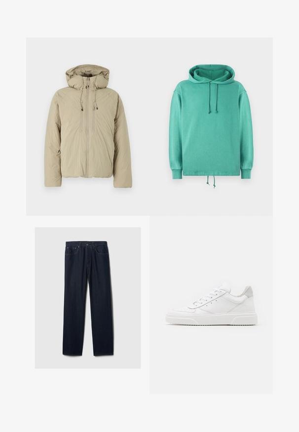 Beige pufferjakke med hætte, udstyret med en frontlynlås, elastiske snore og sidelommer. Konstrueret af letvægts, struktureret stof.; Mintgrøn hoodie lavet af blødt stof med en afslappet pasform, der har en rummelig halsudskæring, snore og ribbede ærmer.; Mørkeblå lige ben denim jeans med fem lommer, knaplukning og synlig syning på en ensfarvet lys baggrund.; Hvide lædersneakers med en glat finish, rund tå, flade snørebånd og en struktureret sål. Grå ruskindsdetalje ved hælen.