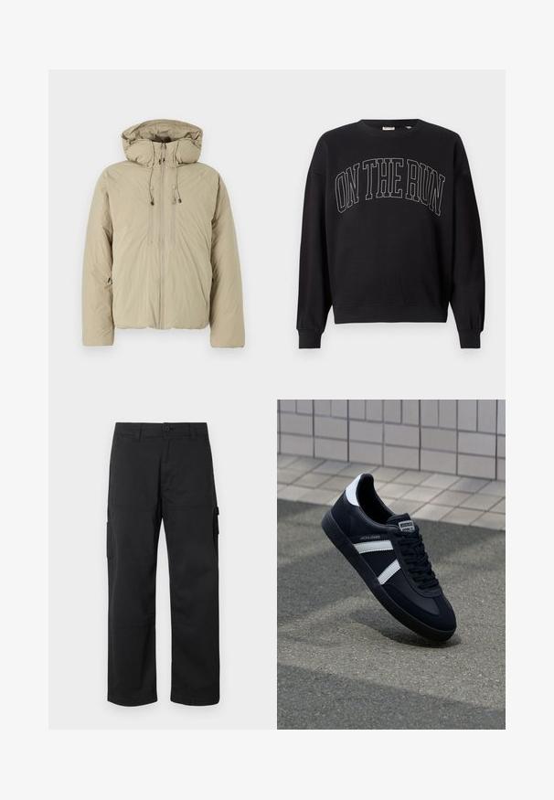 Beige Steppjacke mit Kapuze, ausgestattet mit einem Frontreißverschluss, elastischen Kordeln und Seitentaschen. Hergestellt aus leichtem, strukturiertem Stoff.; Schwarzer Rundhalsausschnitt-Sweatshirt mit dem Text "ON THE RUN" in großen, umrandeten Großbuchstaben, der auf der Vorderseite zentriert ist.; Schwarze Cargo-Hosen mit geradem Bein, mehreren Seitentaschen und einem Knopfverschluss. Hergestellt aus strapazierfähigem, leichtem Stoff.; Schwarze Leder-Sneaker mit weißen Streifen, strukturiertem Gummisohle und Schnürung. Verfügt über ein Markenetikett auf der Zunge.