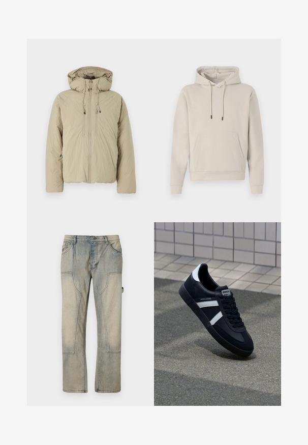 Beige puffer jakk, millel on kapuuts, ees lukuga, elastsete tõmblukkude ja küljetaskutega. Valmistatud kerge tekstuuriga kangast.; Heledustega koka, mille värv on heledat beeži, ees on tasku, kapuutsil on paelad ja varrukaotsad on soonikkoes. Valmistatud pehmest ja siledast kangast, annab alla lõdva sobivuse.; Heled sinise tooni kulunud teksad, millel on lai lõige, suured esipocketid ja kontrastsed õmblused. Kangas on pehme ja kulunud tekstuuriga.; Must have musta sneaker musta valgete triipudega, tekstuurne kummitald ja nööridega esiosa. Omab bränditud märki keele peal.