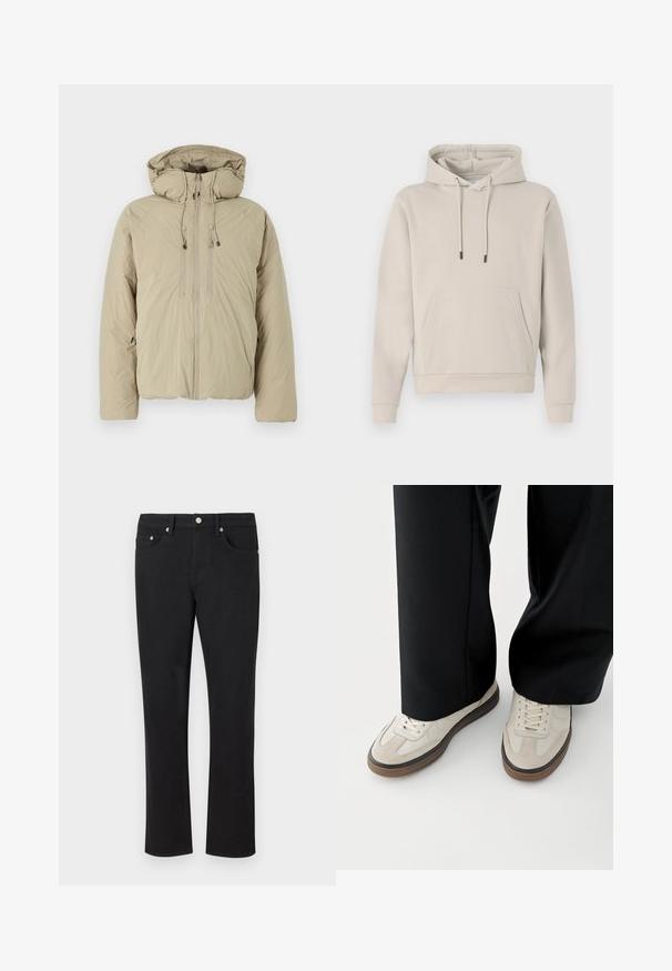 Beige pufferjakke med hætte, udstyret med en frontlynlås, elastiske snore og sidelommer. Konstrueret af letvægts, struktureret stof.; Hættebluse i lys beige med en frontlomme, snoretræk og ribbede manchetter. Lavet af blødt, glat stof med en afslappet pasform.; Sorte denimjeans med lige ben, der har fem lommer og sølvhardware med en glat tekstur. Ingen mønstre eller accenter.; Fødder iført beige sneakers med brune såler og sorte bukser med vide ben på hvid baggrund.