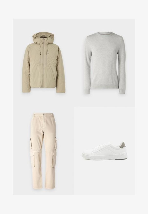 Beige puffer jacket with a hood, featuring a front zipper, elastic drawstrings, and side pockets. Constructed from lightweight, textured fabric.; Light grey knit sweater with a round neckline, long sleeves, textured pattern, and ribbed cuffs and hem. Soft, breathable fabric.; Beige cargo pants made of cotton. Features side pockets, straight leg design, and a button closure at the waistband. Simple stitching details.; White sneaker with smooth leather material, rounded toe, minimalistic design, grey heel accent, and textured rubber sole.