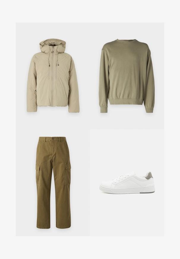 Beige pufferjakke med hætte, udstyret med en frontlynlås, elastiske snore og sidelommer. Konstrueret af letvægts, struktureret stof.; Oliven grøn, langærmet sweatshirt lavet af blødt bomuldsblanding. Har en rund halsudskæring og ribbede manchetter med en afslappet pasform.; Oliven grønne cargo bukser lavet af bomuld, med lige ben, front knaplukning og to sidelommer med klaplukninger.; Hvid sneaker lavet af glat læder, rund tå, minimalistisk design, grå hælafsats og tekstureret gummisål.