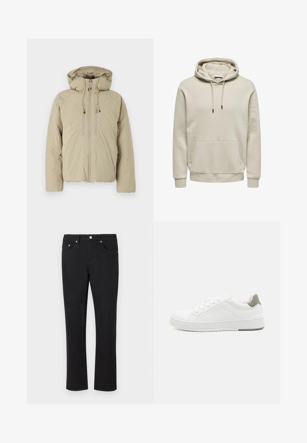 Doudoune beige avec capuche, dotée d'une fermeture éclair à l'avant, de cordons de serrage élastiques et de poches latérales. Construite en tissu léger et texturé.; Sweat à capuche beige avec cordons, poche kangourou, poignets et ourlet côtelés, présenté sur fond blanc.; Jean en denim noir avec une coupe droite, comportant cinq poches et des accessoires en métal argenté, avec une texture lisse. Sans motifs ni accents.; Basket blanche en cuir lisse, à bout arrondi, design minimaliste, accent de talon gris et semelle en caoutchouc texturé.