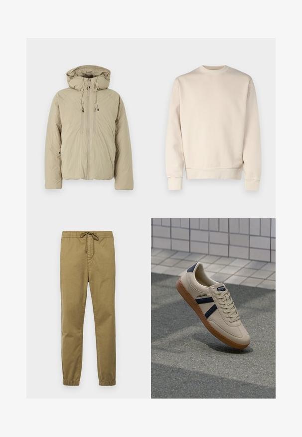 Beige pufferjakke med hætte, udstyret med en frontlynlås, elastiske snore og sidelommer. Konstrueret af letvægts, struktureret stof.; Lys beige sweatshirt med rund hals, ribbede manchetter og kant. Fremstillet af blødt stof med en glat tekstur. Minimalistisk design uden mønstre.; Lysekhaki joggebukser med elastisk talje, justerbar snor, tætsiddende ben og elastiske manchetter. Glat, åndbart stof.; Beige sneaker med struktureret overflade, marineblå striber og gummisål. Har en polstret tunge og traditionelt snørresystem for en sikker pasform.