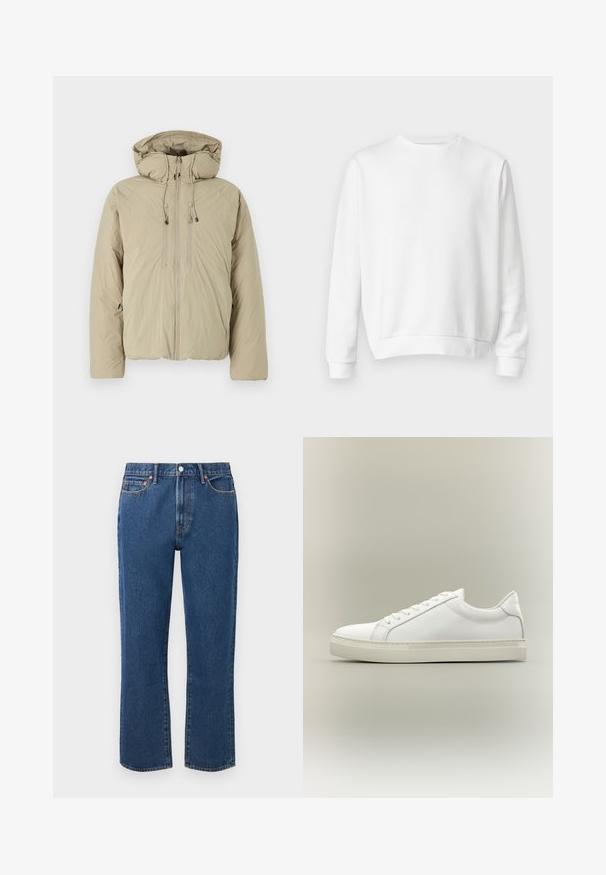 Beige Steppjacke mit Kapuze, ausgestattet mit einem Frontreißverschluss, elastischen Kordeln und Seitentaschen. Hergestellt aus leichtem, strukturiertem Stoff.; Weißes Crewneck-Sweatshirt aus weichem Baumwollstoff. Lange Ärmel, gerippte Bündchen und Saum, glatte Textur und minimalistisches Design.; Blaue gerade Jeans aus Denim mit einem Knopfverschluss, fünf Taschen und kontrastierenden orangen Nähte.; Weißer Sneaker mit niedrigem Schaft, vorn mit Schnürung und dicker Sohle, aus der Seitenansicht vor neutralem Hintergrund.