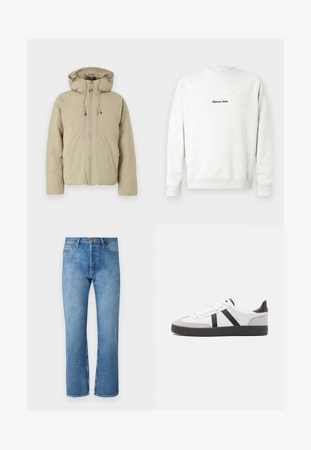 Doudoune beige avec capuche, dotée d'une fermeture éclair à l'avant, de cordons de serrage élastiques et de poches latérales. Construite en tissu léger et texturé.; Sweatshirt crewneck gris clair en matériau doux, présentant un petit logo noir "Originals Studio" sur le devant et des poignets côtelés.; Jeans en denim bleu clair avec une coupe droite, présentant un design classique à cinq poches, une fermeture à bouton et des coutures contrastantes.; Baskets blanches avec des accents noirs et gris, présentant un embout texturé gris, une semelle en caoutchouc noir et des lacets plats blancs. Design épuré, style minimaliste.