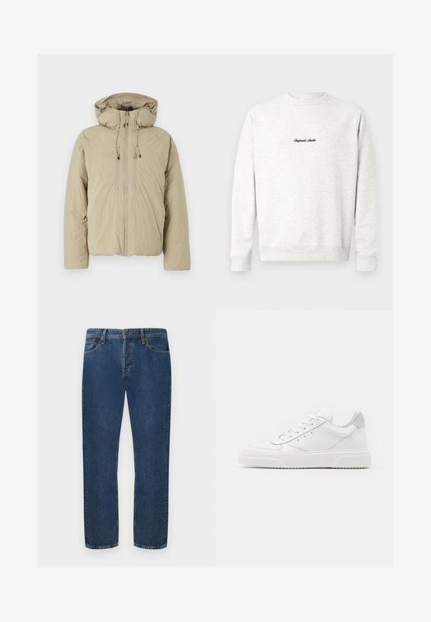 Beige pufferjakke med hætte, udstyret med en frontlynlås, elastiske snore og sidelommer. Konstrueret af letvægts, struktureret stof.; Lys grå crewneck sweatshirt lavet af blødt materiale, med et lille sort "Originals Studio" logo på fronten og ribbede manchetter.; Mørkeblå denim jeans med lige pasform, der har fem lommer og knaplukning. Stoffet har en synlig struktur og subtil stribing.; Hvide lædersneakers med en glat finish, rund tå, flade snørebånd og en struktureret sål. Grå ruskindsdetalje ved hælen.