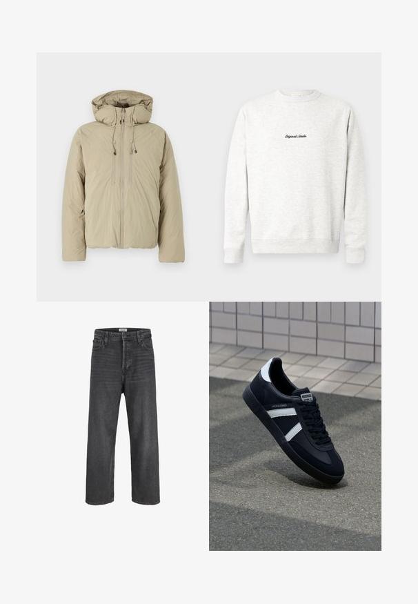 Beige pufferjakke med hætte, udstyret med en frontlynlås, elastiske snore og sidelommer. Konstrueret af letvægts, struktureret stof.; Lys grå crewneck sweatshirt lavet af blødt materiale, med et lille sort "Originals Studio" logo på fronten og ribbede manchetter.; Sorte højtaljede jeans med lige ben, knap- og lynlås-lukning, bæltestropper samt lommer foran og bagpå.; Sort lædersneaker med hvide striber, tekstureret gummisål og snørrebånd foran. Har et brandet mærke på tungen.