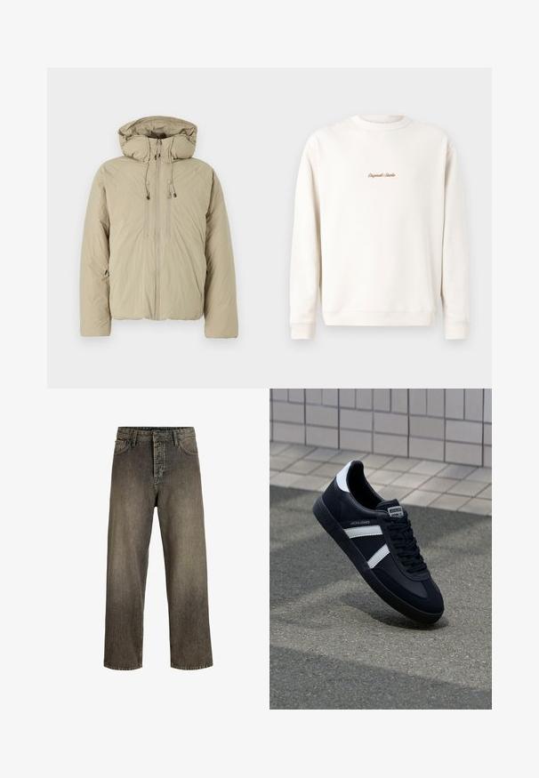 Beige Steppjacke mit Kapuze, ausgestattet mit einem Frontreißverschluss, elastischen Kordeln und Seitentaschen. Hergestellt aus leichtem, strukturiertem Stoff.; Cremefarbiges Sweatshirt mit geripptem Rundhalsausschnitt und Bündchen. Auf der Brust befindet sich eine kleine goldene Stickerei "Original Studio". Weicher Stoff.; Dunkelgraue weit geschnittene Jeans mit einem verwaschenen Finish, Fünf-Taschen-Design, Knopfverschluss und Gürtelschlaufen. Hergestellt aus strapazierfähigem Denim-Stoff.; Schwarze Leder-Sneaker mit weißen Streifen, strukturiertem Gummisohle und Schnürung. Verfügt über ein Markenetikett auf der Zunge.