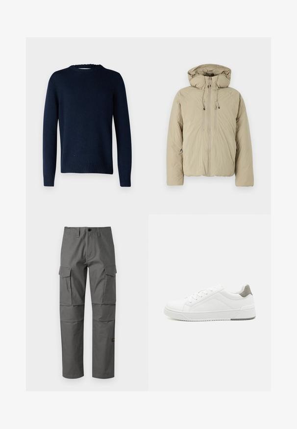 Beige puffer jakk, millel on kapuuts, ees lukuga, elastsete tõmblukkude ja küljetaskutega. Valmistatud kerge tekstuuriga kangast.; Selected SLMCODY LS KNIT CREW NECK NOOS - Džemper - sky captain; Hallid hallid cargo püksid, mis on valmistatud vastupidavast kangast, sirge sääre disainiga, mitme külgtaskuga ja nähtavate õmblusdetailidega.; Valge tenniseking sileda nahaga, ümar varvas, minimalistlik disain, hall kand, ja tekstureeritud kummist tald.