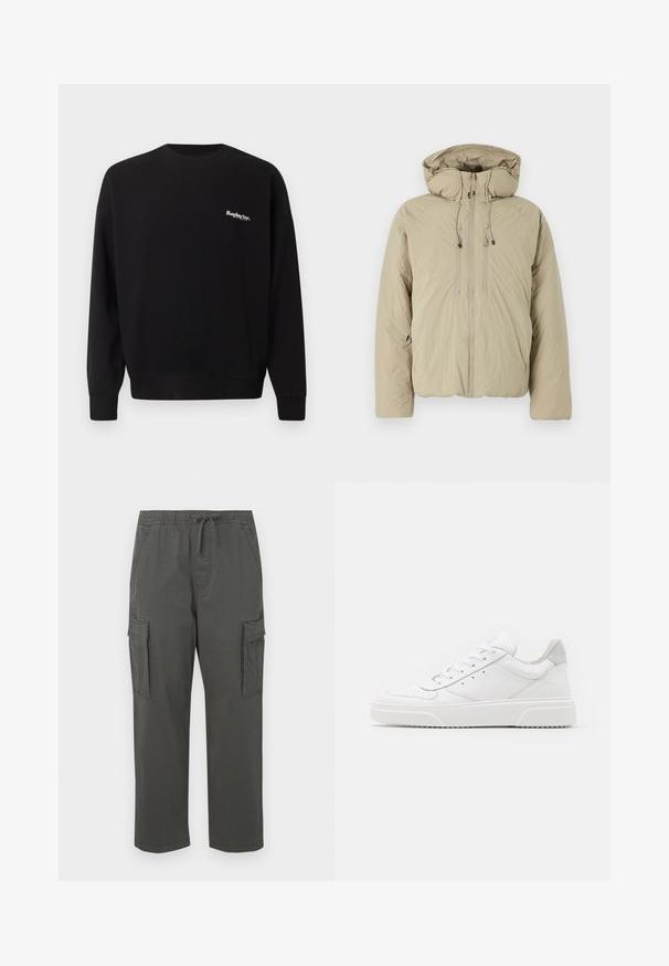 Beige Steppjacke mit Kapuze, ausgestattet mit einem Frontreißverschluss, elastischen Kordeln und Seitentaschen. Hergestellt aus leichtem, strukturiertem Stoff.; Replay Inc. Sweatshirt - black; Dunkelgraue Cargo-Hosen mit elastischem Bund, Kordelzug, seitlichen Klappentaschen und geradem Beinschnitt.; Weiße Leder-Sneaker mit glatter Oberfläche, rundem Zehenbereich, flachen Schnürsenkeln und strukturiertem Schuhsohlen. Graues Wildleder-Detail an der Ferse.