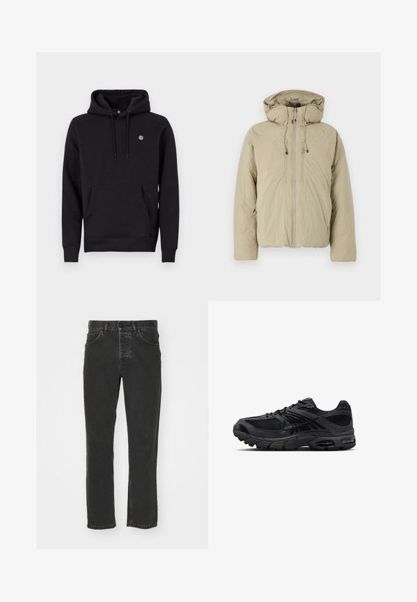Beige donsjack met een capuchon, voorzien van een voorrits, elastische trekkoorden en zijzakken. Gemaakt van lichtgewicht, gestructureerde stof.; Zwarte hoodie van katoenmix. Heeft een voorzak, geribbelde manchetten en een klein logo op de borst.; Zwarte denim jeans met een recht gesneden ontwerp, klassieke vijf-pocket styling, knoop tailleband en een vervaagde afwerking. Gladde textuur, geen zichtbare patronen.; Zwarte en donkergrijze Nike hardloopschoen met meshstof, suède overlays, een gedempte zool en zichtbare luchtunits in de hiel en voorvoet.