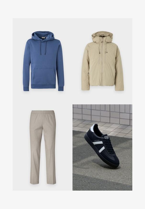 Beige puffer jakk, millel on kapuuts, ees lukuga, elastsete tõmblukkude ja küljetaskutega. Valmistatud kerge tekstuuriga kangast.; Sinine puuvillane kapuutsiga dressipluus, millel on nööriga kapuuts, esimesel pool kängurutasku ja soonikkoes mansetid. Sile tekstuur ja lihtne ühevärviline disain.; Heledad hallid püksid elastse vöökohtaga, sirge jala disain ja sile kangatekstuur. Nähtavaid mustreid ega riistvaralist detaili ei ole.; Must have musta sneaker musta valgete triipudega, tekstuurne kummitald ja nööridega esiosa. Omab bränditud märki keele peal.