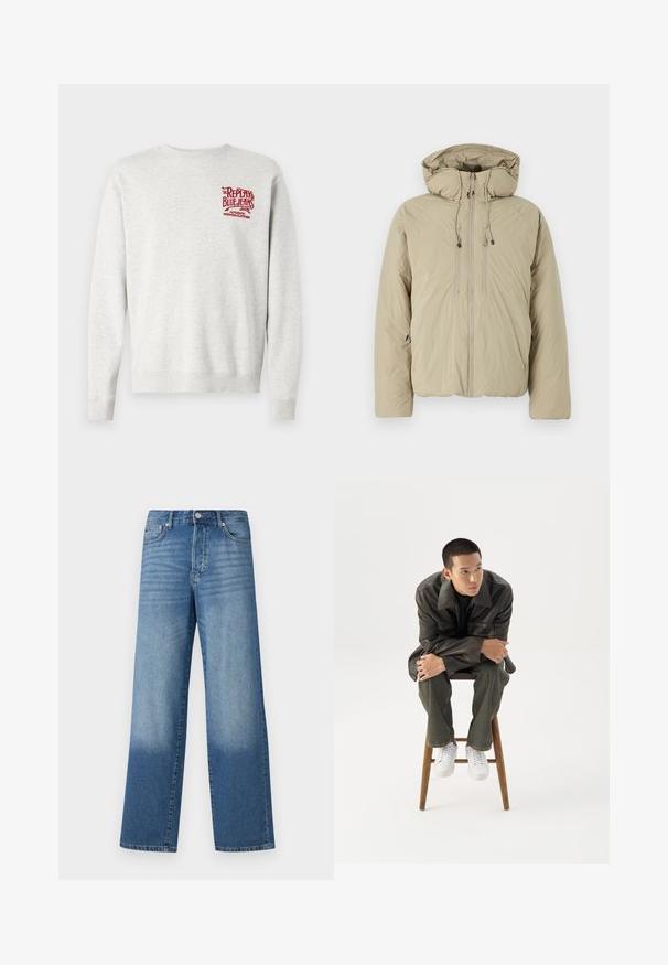 Beige Steppjacke mit Kapuze, ausgestattet mit einem Frontreißverschluss, elastischen Kordeln und Seitentaschen. Hergestellt aus leichtem, strukturiertem Stoff.; Grauer Sweatshirt aus Baumwolle mit gerippten Bündchen und Saum sowie rotem Drucklogo auf der Brust. Klassisches Rundhalsausschnitt-Design.; Blaue hochgeschnittene Straight-Leg-Jeans mit Ausbleichungen an den Oberschenkeln und dunklerem Schatten nahe den Säumen, sichtbare vordere Knöpfe und Taschen.; Junger Mann in dunkler Lederjacke und Jeans sitzt auf einem Holzstuhl, lehnt sich mit verschränkten Armen nach vorne und schaut seitlich vor weißem Hintergrund.
