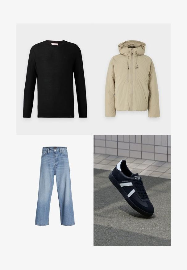 Beige pufferjakke med hætte, udstyret med en frontlynlås, elastiske snore og sidelommer. Konstrueret af letvægts, struktureret stof.; Sort striktrøje med lange ærmer og rund hals. Subtil tekstur og en lille logo detalje på brystet. Klassisk og alsidig design.; Lyseblå denim bukser med brede ben og høj talje, med knaplukning, fem lommer og et subtilt slidtegn. Ren kantfinish.; Sort lædersneaker med hvide striber, tekstureret gummisål og snørrebånd foran. Har et brandet mærke på tungen.