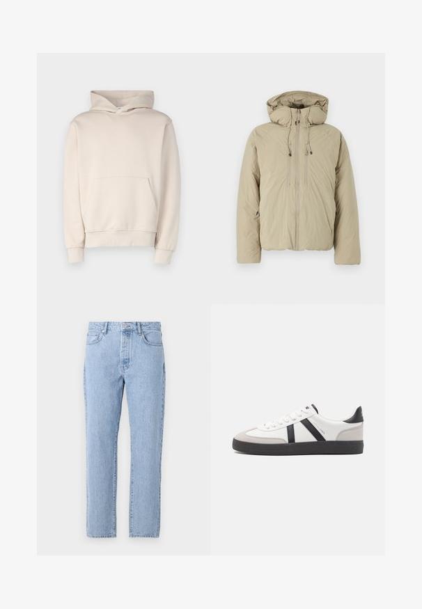 Beige puffer-takki hupulla, jossa on etuvetoketju, joustavat kiristysnyörit ja sivutaskut. Valmistettu kevyestä, teksturoituneesta kankaasta.; Beige huppari, joka on valmistettu pehmeästä kankaasta. Siinä on etutasku, ribbaus hihansuissa ja nyörihuppukaulus. Yksinkertainen, koristamaton muotoilu.; Vaaleansiniset farkut suoranlahkeisella muotoilulla, viisi taskua ja nappisuljenta. Pehmeä pinta klassisella haalistuilla viimeistelyllä.; Valkoiset lenkkarit mustilla ja harmailla yksityiskohdilla, joissa on teksturoitu harmaa kärki, musta kumipohja ja litteät valkoiset nauhat. Siisti muotoilu, minimalistinen tyyli.