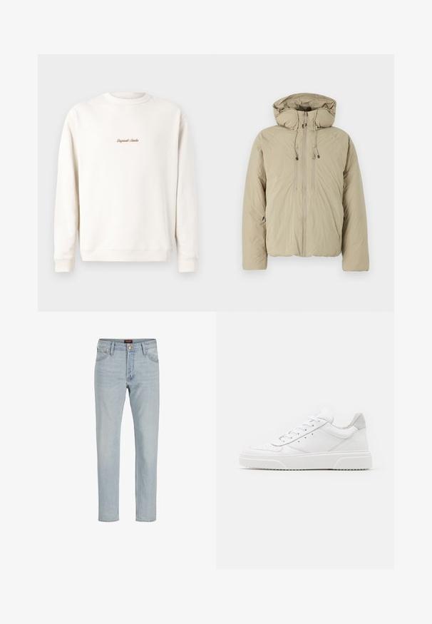 Beige Steppjacke mit Kapuze, ausgestattet mit einem Frontreißverschluss, elastischen Kordeln und Seitentaschen. Hergestellt aus leichtem, strukturiertem Stoff.; Cremefarbiges Sweatshirt mit geripptem Rundhalsausschnitt und Bündchen. Auf der Brust befindet sich eine kleine goldene Stickerei "Original Studio". Weicher Stoff.; Helle blaue Jeans aus Denim mit geradem Schnitt, Fünf-Taschen-Design, Knopfverschluss und leicht verwaschenem Muster.; Weiße Leder-Sneaker mit glatter Oberfläche, rundem Zehenbereich, flachen Schnürsenkeln und strukturiertem Schuhsohlen. Graues Wildleder-Detail an der Ferse.