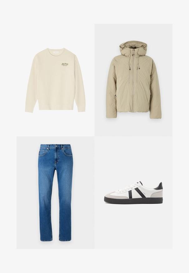 Beige pufferjakke med hætte, udstyret med en frontlynlås, elastiske snore og sidelommer. Konstrueret af letvægts, struktureret stof.; Beige sweatshirt med rund halsudskæring, lange ærmer og en ribbet kant. Har grøn tekst på brystet med teksten "Club House Miami Beach, Florida".; Blå denimjeans med lige ben, der har et klassisk fem-lomme design og diskrete syninger langs sømmene.; Hvide sneakers med sorte og grå detaljer, med en tekstureret grå tåhætte, sort gummisål og flade hvide snørebånd. Rent design, minimalistisk stil.