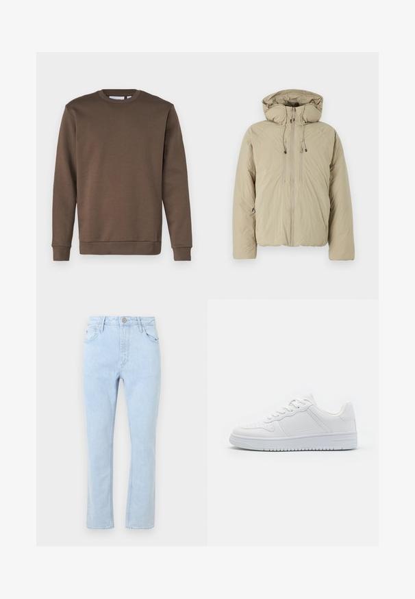 Beige donsjack met een capuchon, voorzien van een voorrits, elastische trekkoorden en zijzakken. Gemaakt van lichtgewicht, gestructureerde stof.; Only & Sons ONSCERES CREW NECK - Sweater - major brown; Lichtblauwe denim jeans met een recht gesneden design, vijf zakken, vervaagde textuur en een metalen knoopsluiting in de taille.; Witte sneakers van glad synthetisch materiaal, met platte veters, geperforeerde neus en een rubberen zool met een gestructureerd grippatroon.