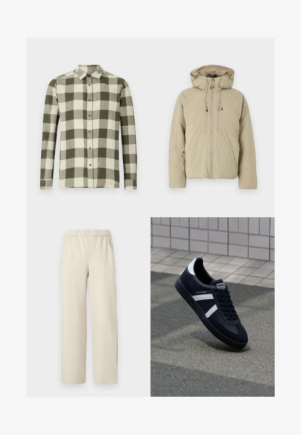 Beige donsjack met een capuchon, voorzien van een voorrits, elastische trekkoorden en zijzakken. Gemaakt van lichtgewicht, gestructureerde stof.; Lange mouwen shirt in een groen en crème checkpatroon, gemaakt van lichte stof, met een button-down kraag en knopen aan de voorkant.; Beige wijde broek met een elastische tailleband, gemaakt van zachte stof. Kenmerkt zich door een gladde textuur en geen zichtbare patronen of hardware.; Zwarte leren sneaker met witte strepen, een gestructureerde rubberen zool en vetersluiting aan de voorkant. Voorzien van een merklabel op de tong.