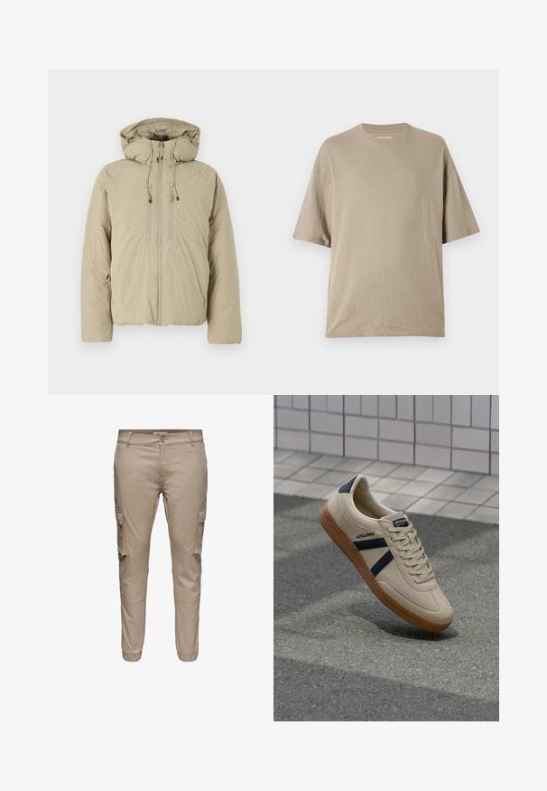 Doudoune beige avec capuche, dotée d'une fermeture éclair à l'avant, de cordons de serrage élastiques et de poches latérales. Construite en tissu léger et texturé.; T-shirt beige à manches courtes en coton doux, avec un col rond et une coupe décontractée, au tissu lisse et à la conception minimaliste.; Pantalon cargo beige à coupe slim avec poches à rabat latérales, fermeture par boutons, passants pour ceinture et poignets élastiques aux chevilles.; Baskets beiges avec une finition texturée, bandes navy et semelle en caoutchouc. Équipées d'une languette rembourrée et d'un système de laçage traditionnel pour un maintien sécurisé.