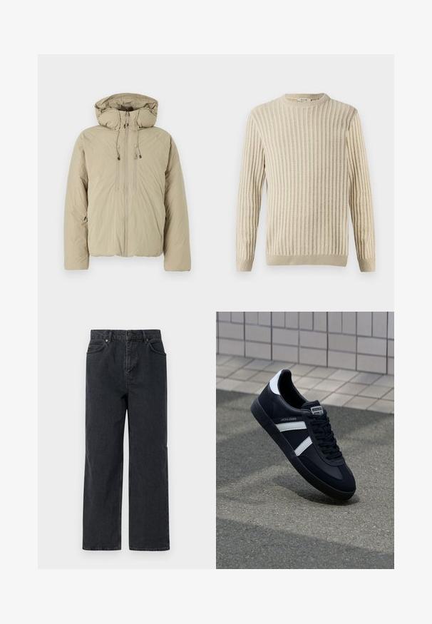 Beige Steppjacke mit Kapuze, ausgestattet mit einem Frontreißverschluss, elastischen Kordeln und Seitentaschen. Hergestellt aus leichtem, strukturiertem Stoff.; Only & Sons ONSBRANT CREW KNIT - T-Shirt print - beige; Dunkelblaue Denim-Hosen mit weitem Bein, Fünf-Taschen-Design und Knopfverschluss. Enthält Hardware in kupferfarbener Ausführung und eine subtile Textur.; Schwarze Leder-Sneaker mit weißen Streifen, strukturiertem Gummisohle und Schnürung. Verfügt über ein Markenetikett auf der Zunge.