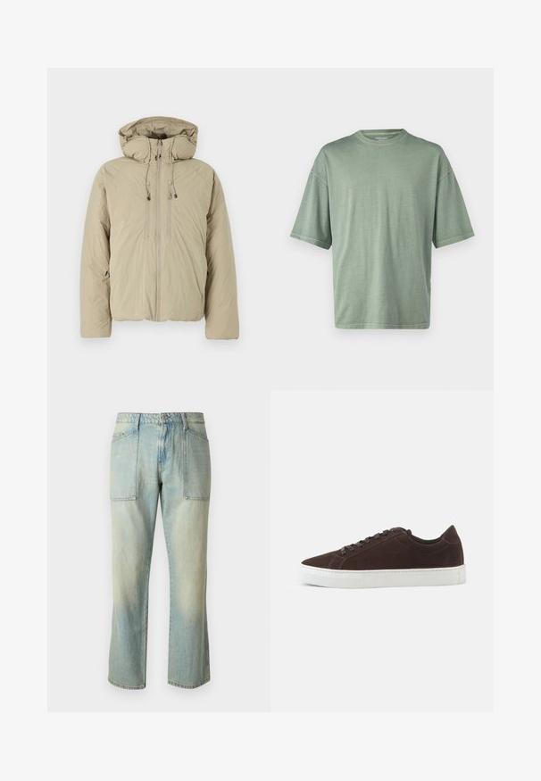 Beige donsjack met een capuchon, voorzien van een voorrits, elastische trekkoorden en zijzakken. Gemaakt van lichtgewicht, gestructureerde stof.; Lichtgroene t-shirt met korte mouwen, een ronde halslijn en een ontspannen pasvorm; gemaakt van zacht materiaal met een gladde textuur.; Lichtblauwe denim jeans met een rechte pijp, zichtbare stiksels en twee grote voorkruiden. De stof heeft een vervaagd uiterlijk.; Donkerbruine suede lage sneaker met bijpassende veters en dikke witte rubberen zool, zijaanzicht op een effen achtergrond.