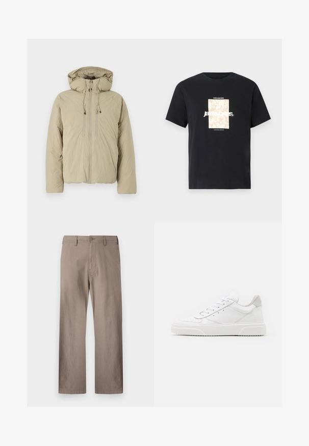 Beige pufferjakke med hætte, udstyret med en frontlynlås, elastiske snore og sidelommer. Konstrueret af letvægts, struktureret stof.; Sort bomulds t-shirt med rund hals. Har et beige rektangulært grafik og hvid tekst, "JAWO," centreret foran. Korte ærmer.; Beige lige ben bukser lavet af letvægtsstof med knaplukning, der har forlommer og ren syning.; Hvide lædersneakers med en glat finish, rund tå, flade snørebånd og en struktureret sål. Grå ruskindsdetalje ved hælen.
