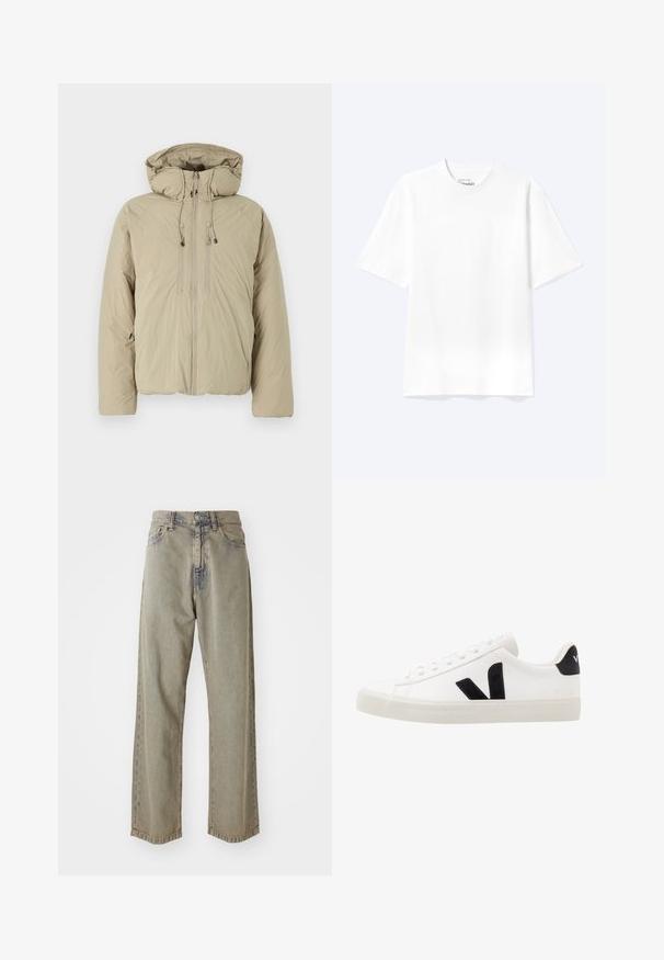 Doudoune beige avec capuche, dotée d'une fermeture éclair à l'avant, de cordons de serrage élastiques et de poches latérales. Construite en tissu léger et texturé.; T-shirt blanc uni à manches courtes et col rond avec une coupe décontractée, présenté sur un fond clair.; Jeans larges gris clair en denim, présentant une texture décolorée, des coutures visibles et une fermeture à boutons et à zip traditionnelle.; Sneaker blanche en cuir avec des accents en daim noir ; dispose d'une semelle en caoutchouc, d'un bout rond et d'un design classique à lacets. Logo latéral en noir.