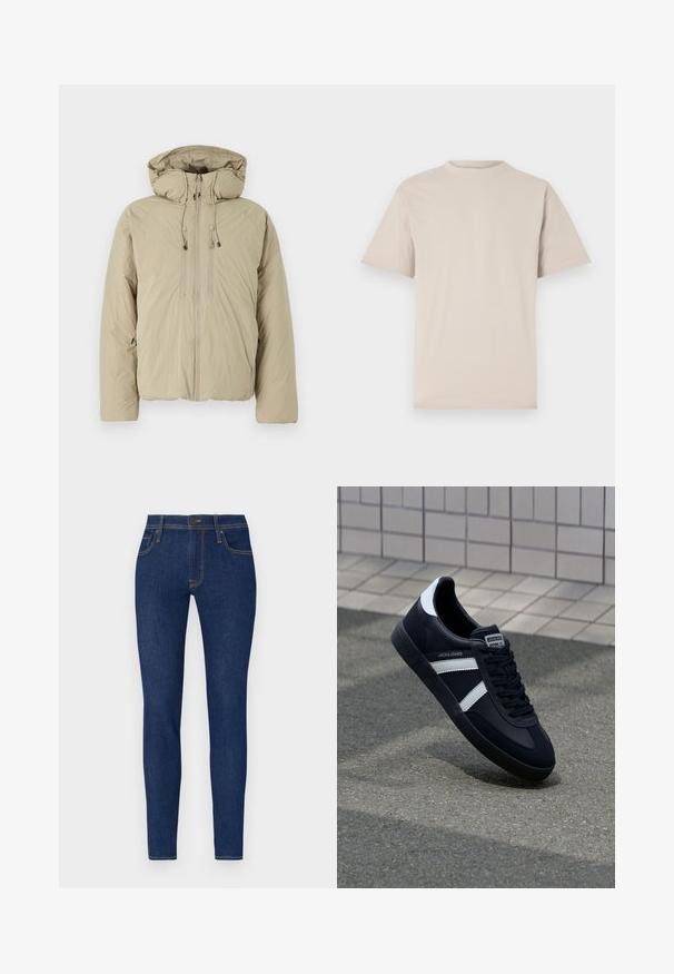 Beige pufferjakke med hætte, udstyret med en frontlynlås, elastiske snore og sidelommer. Konstrueret af letvægts, struktureret stof.; Beige kortærmet t-shirt med rund hals, lavet af glat bomuldsstof, med en afslappet pasform og uden synlige mønstre eller udsmykninger.; Tætsiddende jeans i mørkeblå denim med orange syninger. Har to forlommer og knaplukning. Glat tekstur med en tætsiddende design.; Sort lædersneaker med hvide striber, tekstureret gummisål og snørrebånd foran. Har et brandet mærke på tungen.