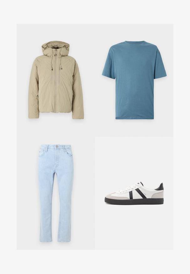 Beige pufferjakke med hætte, udstyret med en frontlynlås, elastiske snore og sidelommer. Konstrueret af letvægts, struktureret stof.; Lysblå kortærmet t-shirt lavet af blødt stof. Har en rund halsudskæring og en afslappet pasform uden mønstre eller dekorationer.; Lysblå denim jeans med lige ben-design, fem lommer, falmet tekstur og en metaltrykknaplukning i taljen.; Hvide sneakers med sorte og grå detaljer, med en tekstureret grå tåhætte, sort gummisål og flade hvide snørebånd. Rent design, minimalistisk stil.