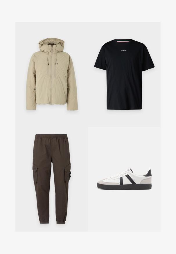 Doudoune beige avec capuche, dotée d'une fermeture éclair à l'avant, de cordons de serrage élastiques et de poches latérales. Construite en tissu léger et texturé.; T-shirt en coton noir avec col rond et manches courtes. Le mot "REPLAY" est brodé en blanc sur la poitrine.; Pantalons cargo en tissu marron foncé, avec une taille élastique, des jambes fuselées et deux poches latérales avec rabats.; Baskets blanches avec des accents noirs et gris, présentant un embout texturé gris, une semelle en caoutchouc noir et des lacets plats blancs. Design épuré, style minimaliste.