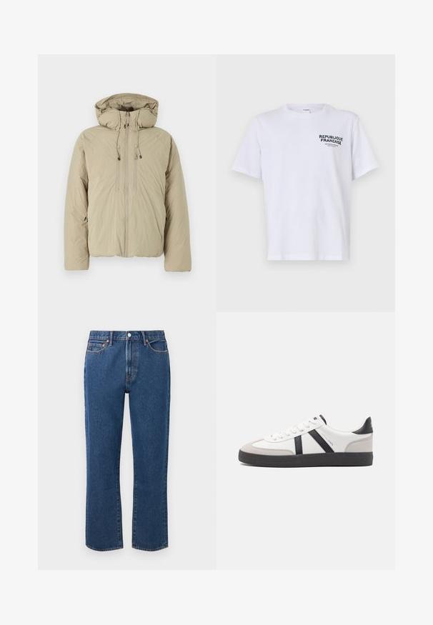 Beige Steppjacke mit Kapuze, ausgestattet mit einem Frontreißverschluss, elastischen Kordeln und Seitentaschen. Hergestellt aus leichtem, strukturiertem Stoff.; Weißes Baumwoll-T-Shirt mit kurzen Ärmeln und Rundhalsausschnitt. Der Druck auf der linken Brust trägt "REPUBLIQUE FRANCAISE" in dunkelgrüner Schrift.; Blaue gerade Jeans aus Denim mit einem Knopfverschluss, fünf Taschen und kontrastierenden orangen Nähte.; Weiße Sneaker mit schwarz- und grau-aczenten, ausgestattet mit einer strukturierten grauen Zehenkappe, schwarzer Gummi-Sohle und flachen weißen Schnürsenkeln. Sauberes Design, minimalistische Stil.