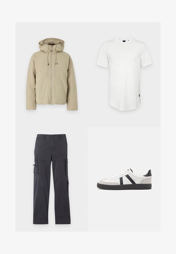 Doudoune beige avec capuche, dotée d'une fermeture éclair à l'avant, de cordons de serrage élastiques et de poches latérales. Construite en tissu léger et texturé.; T-shirt blanc à manches courtes en coton, avec un col rond et un dos légèrement allongé, arborant un petit logo sur le côté.; Pantalons cargo gris foncé avec une coupe droite, fabriqués en un mélange de coton durable, dotés depoches latérales et de cordons de serrage ajustables.; Baskets blanches avec des accents noirs et gris, présentant un embout texturé gris, une semelle en caoutchouc noir et des lacets plats blancs. Design épuré, style minimaliste.
