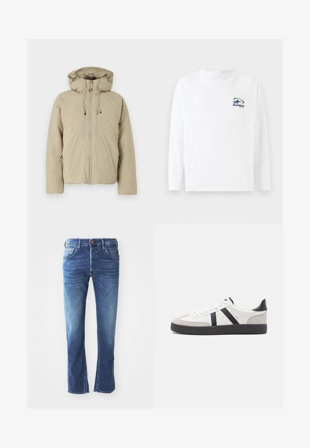 Beige donsjack met een capuchon, voorzien van een voorrits, elastische trekkoorden en zijzakken. Gemaakt van lichtgewicht, gestructureerde stof.; Witte lange mouw t-shirt van katoen, voorzien van een marineblauw logo op de borst. Ronde halslijn en rechte zoom met lange, comfortabele mouwen.; Donkerblauwe spijkerbroek met een rechte pijpdesign, voorzien van vijf zakken, een bruine knoopsluiting en subtiele lichte vervaging op de bovenbenen.; Witte sneaker met zwarte en grijze accenten, voorzien van een grijze neus met textuur, zwarte rubberen zool en platte witte veters. Schoon ontwerp, minimalistische stijl.