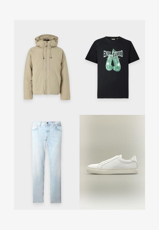 Beige donsjack met een capuchon, voorzien van een voorrits, elastische trekkoorden en zijzakken. Gemaakt van lichtgewicht, gestructureerde stof.; Zwarte ronde nek t-shirt met een groen grafisch ontwerp van bokshandschoenen en de tekst "ENGLEWOOD Boxing Gym New Jersey Fight Academy" op de voorkant.; Lichtblauwe denim jeans met een rechte pijp, vijf zakken en een sluiting met één knop, met vervaagde plekken en subtiele textuur.; Witte lage sneaker met veters aan de voorkant en dikke zool, zijaanzicht tegen een neutrale achtergrond.