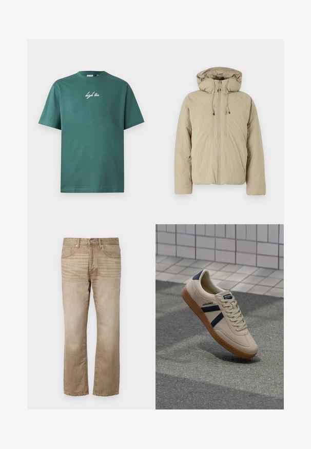 Beige pufferjakke med hætte, udstyret med en frontlynlås, elastiske snore og sidelommer. Konstrueret af letvægts, struktureret stof.; Grøn bomuld T-shirt med rund hals og korte ærmer. Har hvid, kursiv tekst "high tea" på forsiden. Enkel design, ingen mønstre.; Beige denim jeans med lige ben, der har fem lommer, en knaplukning og subtile falmninger i stoffet.; Beige sneaker med struktureret overflade, marineblå striber og gummisål. Har en polstret tunge og traditionelt snørresystem for en sikker pasform.