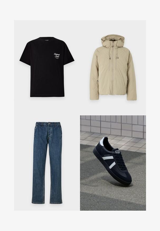 Beige pufferjakke med hætte, udstyret med en frontlynlås, elastiske snore og sidelommer. Konstrueret af letvægts, struktureret stof.; Sort kortærmet t-shirt lavet af bomuld. Har et lille hvidt logo på venstre brystområde. Rund halsudskæring, almindelig pasform.; Blå denim jeans med lige ben, fem-lomme design og knappelukning. Stoffet har en subtil tekstur med falmede accenter.; Sort lædersneaker med hvide striber, tekstureret gummisål og snørrebånd foran. Har et brandet mærke på tungen.