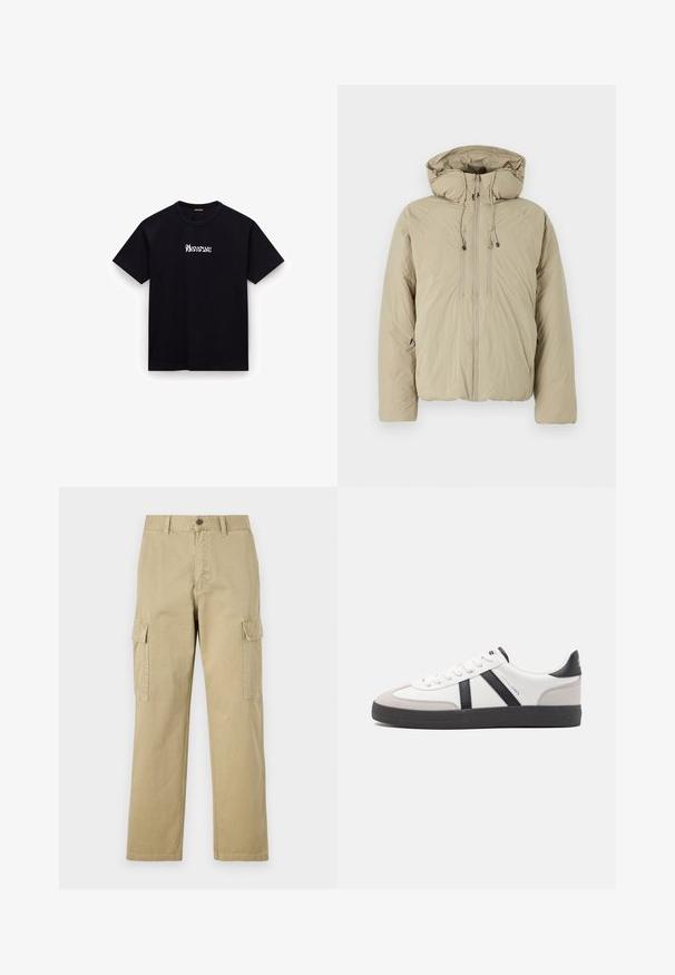 Beige Steppjacke mit Kapuze, ausgestattet mit einem Frontreißverschluss, elastischen Kordeln und Seitentaschen. Hergestellt aus leichtem, strukturiertem Stoff.; Schwarzes Baumwoll-T-Shirt mit Rundhalsausschnitt, kurzen Ärmeln und einem stilisierten weißen Textlogo auf der Brust. Glatte Textur, lässige Passform.; Beige Cargo-Hosen aus Baumwolle, mit zwei Seitentaschen, einem Knopfverschluss und geraden Beinen aus einem leicht strukturierten Stoff.; Weiße Sneaker mit schwarz- und grau-aczenten, ausgestattet mit einer strukturierten grauen Zehenkappe, schwarzer Gummi-Sohle und flachen weißen Schnürsenkeln. Sauberes Design, minimalistische Stil.