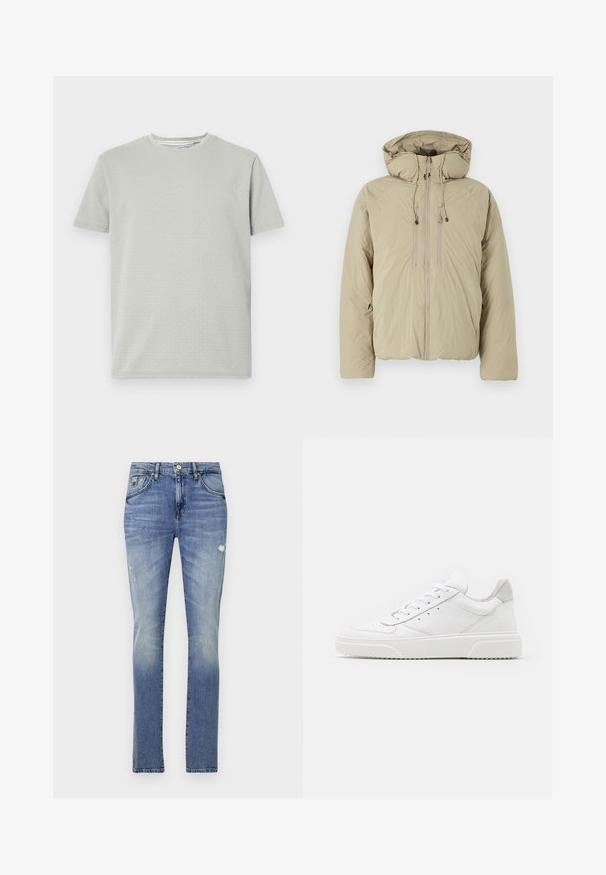 Beige puffer jakk, millel on kapuuts, ees lukuga, elastsete tõmblukkude ja küljetaskutega. Valmistatud kerge tekstuuriga kangast.; Heled hõbedane lühikeste varrukate T-särk, millel on tekstuuriga muster, ümmargune kaelus ja sirge äär. Valmistatud pehmest, hingavast kangast.; Heledad denim teksad, millel on klassikaline lõige, tuhm viimistlus, kerge kulumine, vöökonksud, viis taskut ja hõbedane riistvara.; Valged nahast spordijalatsid siledast nahast viimistlusega, ümarate varvastega, lamekestega ja tekstuuriga tallaga. Hall suede aktsent kanna juures.