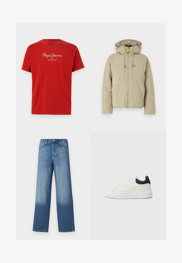 Beige puffer jakk, millel on kapuuts, ees lukuga, elastsete tõmblukkude ja küljetaskutega. Valmistatud kerge tekstuuriga kangast.; Punane puuvillane T-särk lühikeste varrukatega. Omab valget käekirja "Pepe Jeans" logo ja allpool on trükitud "LONDON". Klassikaline ümberkaelus.; Sinine kõrge vöökohaga sirge lõikega teksapüksid, millel on reitel pleekinud piirkonnad ja tumedamad varjud hemides. Nähtavad eesmine nupp ja taskud.; Valge nahast toss musta kontsaga, ümarate varvaste, lame valge tallaga ja paelakinnitusega. Külgedel minimaalsete augukestega.