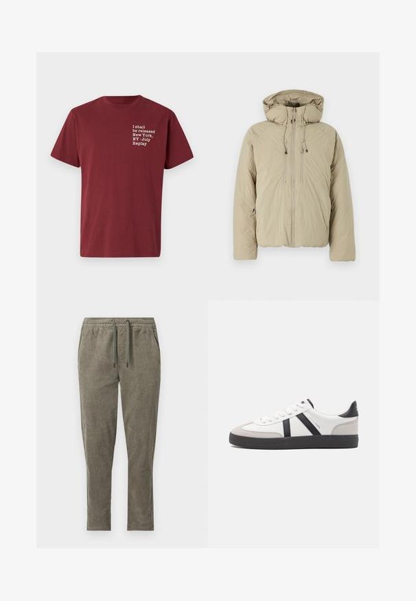 Beige donsjack met een capuchon, voorzien van een voorrits, elastische trekkoorden en zijzakken. Gemaakt van lichtgewicht, gestructureerde stof.; Bordeaux katoenen t-shirt met ronde hals, korte mouwen en witte tekst: "I shall be released New York, NY - July Replay" op de borst.; Olijfgroene corduroy broek met elastische tailleband en trekkoord, met zijzakken en rechte pijpen.; Witte sneaker met zwarte en grijze accenten, voorzien van een grijze neus met textuur, zwarte rubberen zool en platte witte veters. Schoon ontwerp, minimalistische stijl.