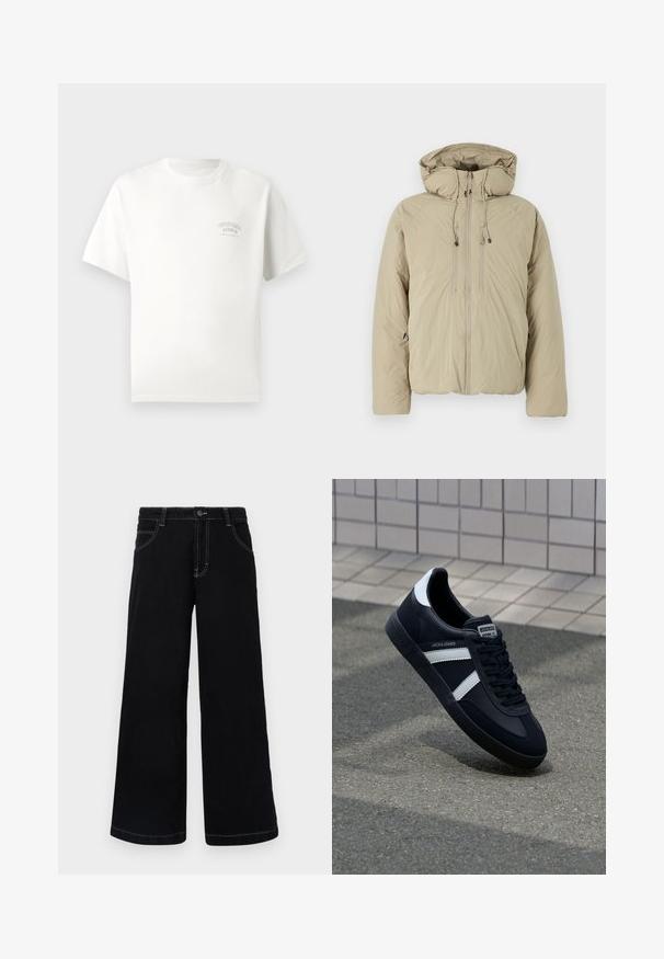 Beige Steppjacke mit Kapuze, ausgestattet mit einem Frontreißverschluss, elastischen Kordeln und Seitentaschen. Hergestellt aus leichtem, strukturiertem Stoff.; Weißes T-Shirt mit kurzen Ärmeln und kleinem Aufdruck "Originals Studio Urban Aesthetic" auf der linken Brust.; Schwarze weit geschnittene Jeanshose aus Denim, mit Knopfverschluss, fünf Taschen und kontrastierendem weißen Nähten entlang der Nähte.; Schwarze Leder-Sneaker mit weißen Streifen, strukturiertem Gummisohle und Schnürung. Verfügt über ein Markenetikett auf der Zunge.