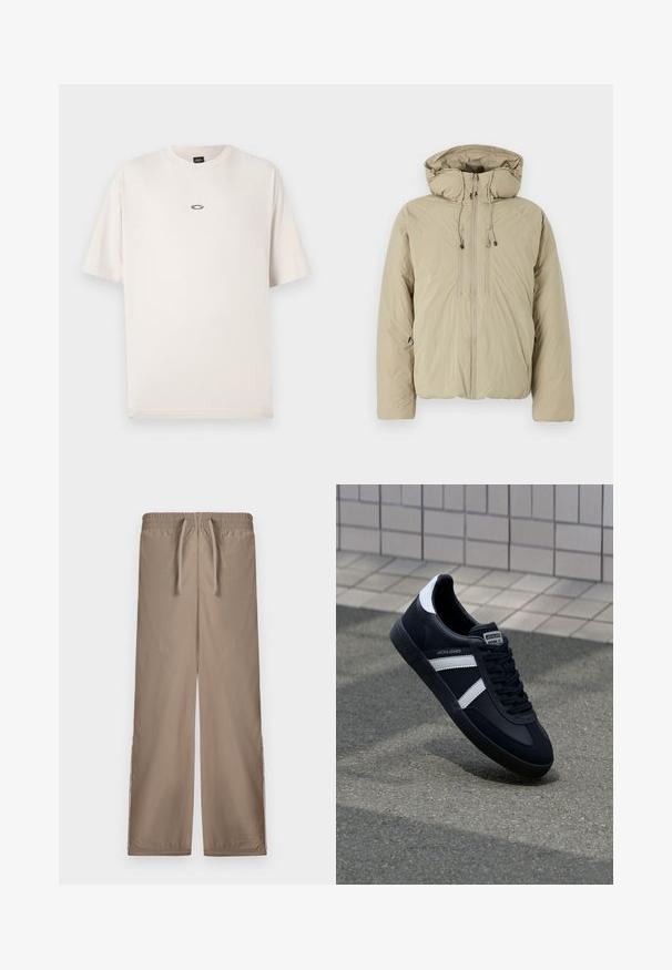 Beige Steppjacke mit Kapuze, ausgestattet mit einem Frontreißverschluss, elastischen Kordeln und Seitentaschen. Hergestellt aus leichtem, strukturiertem Stoff.; Oakley RISE TEE - T-Shirt basic - mist; Hellbraune, lockere Hose mit einem elastischen Bund und Kordelzug; verfügt über seitliche Schlitze am Saum für zusätzliche Details.; Schwarze Leder-Sneaker mit weißen Streifen, strukturiertem Gummisohle und Schnürung. Verfügt über ein Markenetikett auf der Zunge.