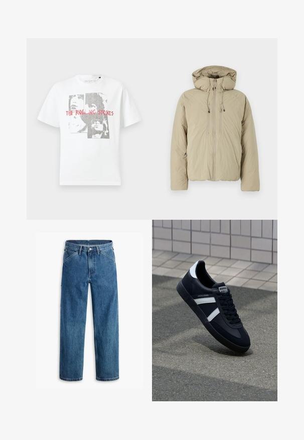 Beige donsjack met een capuchon, voorzien van een voorrits, elastische trekkoorden en zijzakken. Gemaakt van lichtgewicht, gestructureerde stof.; Witte katoenen T-shirt met een grafische print van gezichten en de tekst "THE ROLLING STONES" in het rood. Ronde hals en korte mouwen.; Blauwe denim jeans met rechte pijpen, voorzakken, riemlussen, metalen knoop en rits aan de voorkant, op een witte achtergrond.; Zwarte leren sneaker met witte strepen, een gestructureerde rubberen zool en vetersluiting aan de voorkant. Voorzien van een merklabel op de tong.